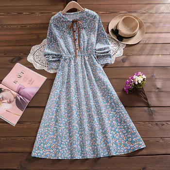 

Corduroy Floral Women's New Autumn And Winter Korean Wild Long Sleeved High Waist Print Lace-Up Peter Pan Collar Casual Dress