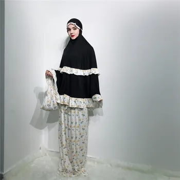 

Wepbel Dubai High Waist Skirts Set Women Muslim Two Piece Set Middle East Turkey Expandable Printed Worship Robe Islamic Outfits