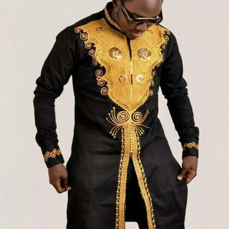 

Black Golden Print Luxury African Dashiki Long Shirt Men 2019 Fashion Rich bazin African Clothes Men Slim Fit Long Sleeve Shirt