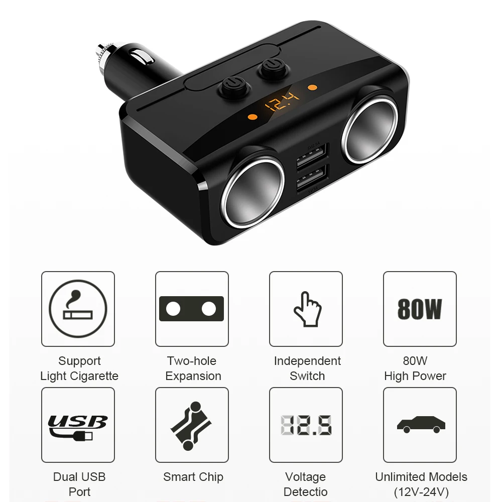 

Car Accessories Car Charger Dual Cigarette Lighter Fast Charging Charger Dual USB 12V 24V Mobile Phone Charger LED display