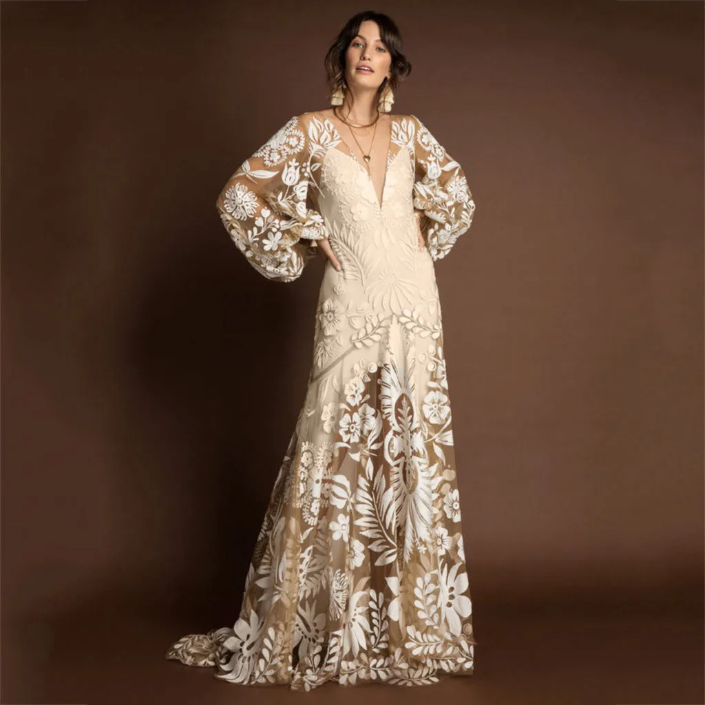 

Boho Women Holiday Autumn Dresses Ladies Sundress Pantern Sleeve Backless V Neck Evening Gown Dresses DouDouLu Vestido Mujer