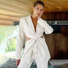 2021 Autumn Elegant Turn-Down Collar Long Sleeve Loose Jackets Women Solid Hollow Out Cross Casual Blazer Fashion Streetwear