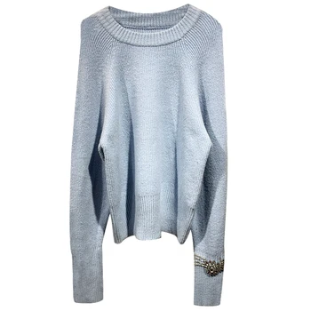 

Women Sweater 2019 Autumn and Winter Light Blue Loose Cuffs Rhinestone Pullover Sweater