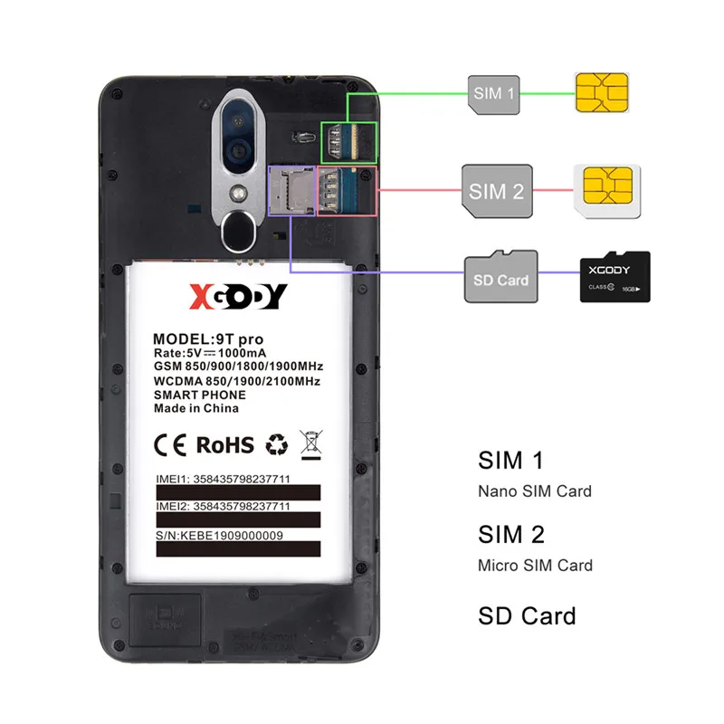 XGODY 9T Pro 3g Смартфон Android 9,0 6,2" 19:9 экран с каплями воды 2 Гб 16 Гб четырехъядерный процессор две sim-карты 5 Мп камера gps Wi-Fi Мобильный телефон