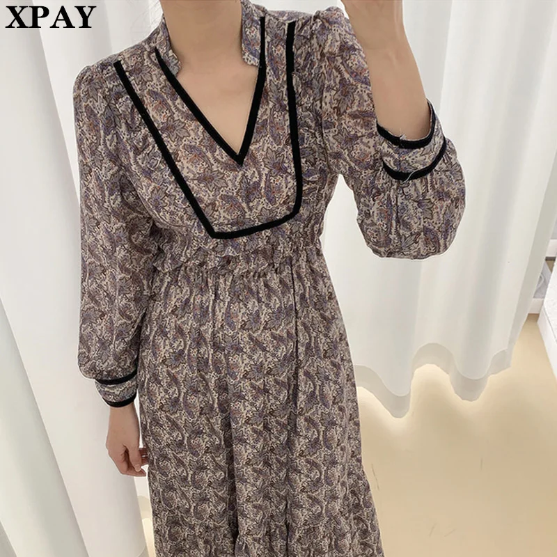 

Vintage V-Neck Women Dress 2020 Long Sleeve Loose Party Dresses Elegant Korean Style Autumn A-Line Print Casual Ladies Vestidos