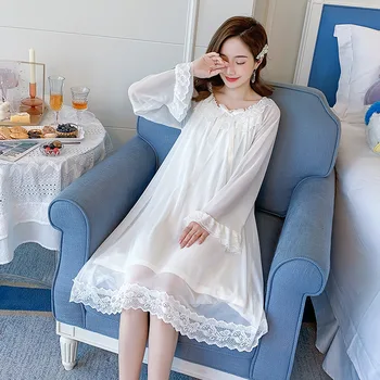 

Women Long Sleeve Cotton Lace Patchwork Nightdress Sweet Green Bow Trim Nightgown With Bra Casual Sleepwear Autumn Home Dress