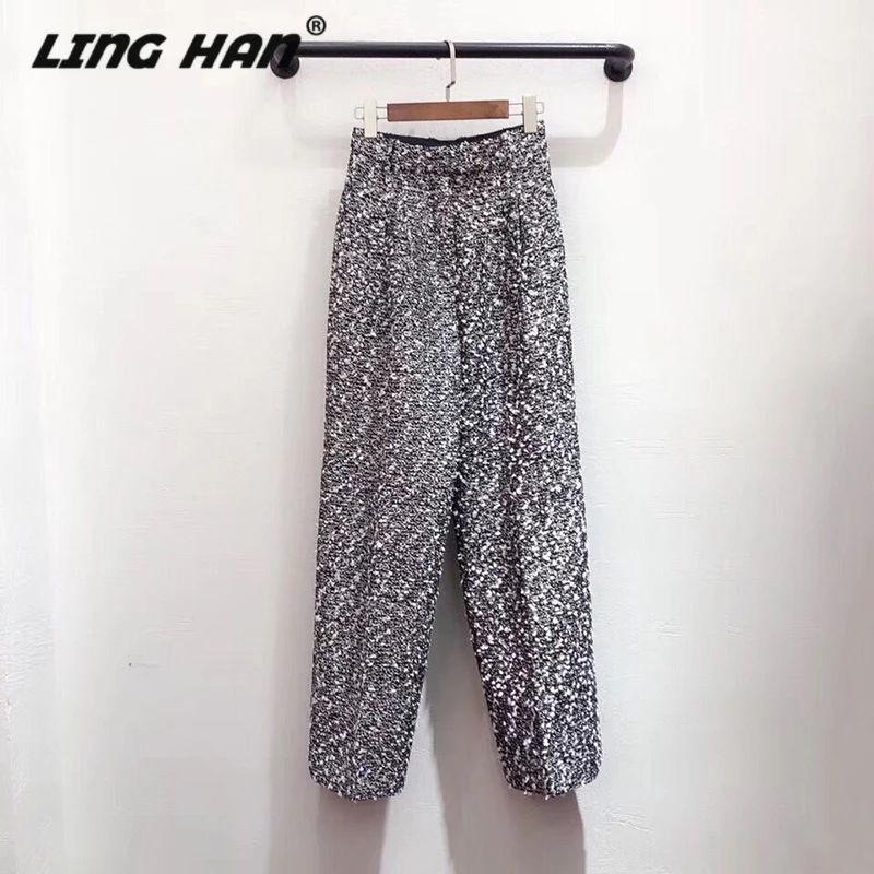 LINGHAN зимние новые женские тонкие твидовые повседневные брюки с высокой талией прямые широкие брюки толстые брюки - Цвет: Многоцветный