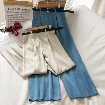 

Autumn Korean Retro pants women High Waist Pure Color Capri Wide Leg Pants Slim Casual Knitted Suit Pants with belt Fashion