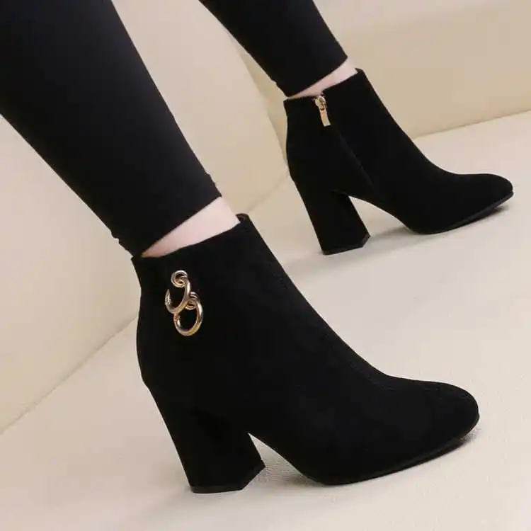 Retro Women Warm and velvet women's boots Suede tip Block Heel Ankle Boots Side Zipper High Heels Shoes Big Sizes 35-43  | Зимние сапоги -4000281685276