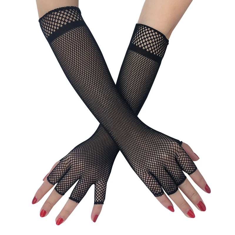 Women Gloves Long Fishnet Mesh Gloves Arm Sleeve Lace Bandage Half-Finger  Gloves Satin Ribbon Ties