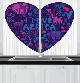 

Multicolor Africa Kitchen Curtains I Love Africa Typography Heart with Savanna Creatures Colorful Tribal for Kitchen Cafe Decor