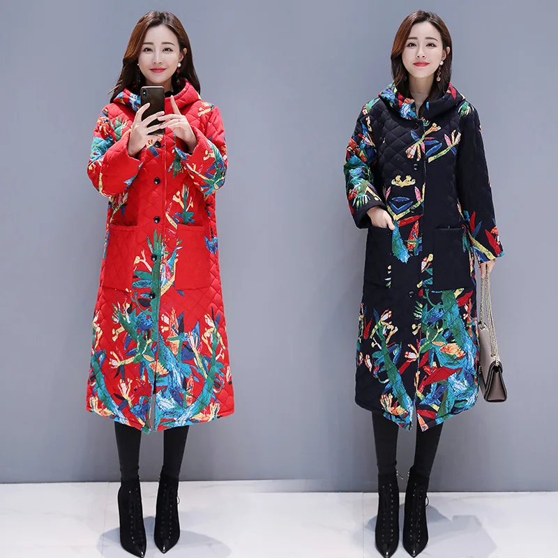 

2019 Winter New Style Large Size Dress National Wind Cotton Linen Warm Quilted over-the-Knee Hooded Overcoat Thick Coat Female