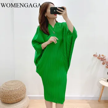 

folded large size V-neck dresses famale 2020 all-match bat sleeve women's elastic sexy dresses pleated clothes XB40