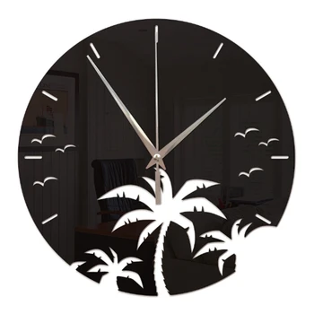 

Silent Clock Beach Coconut Tree Wall Clock Mirror Sticker Bedroom Living Room Decoration (Without Battery)