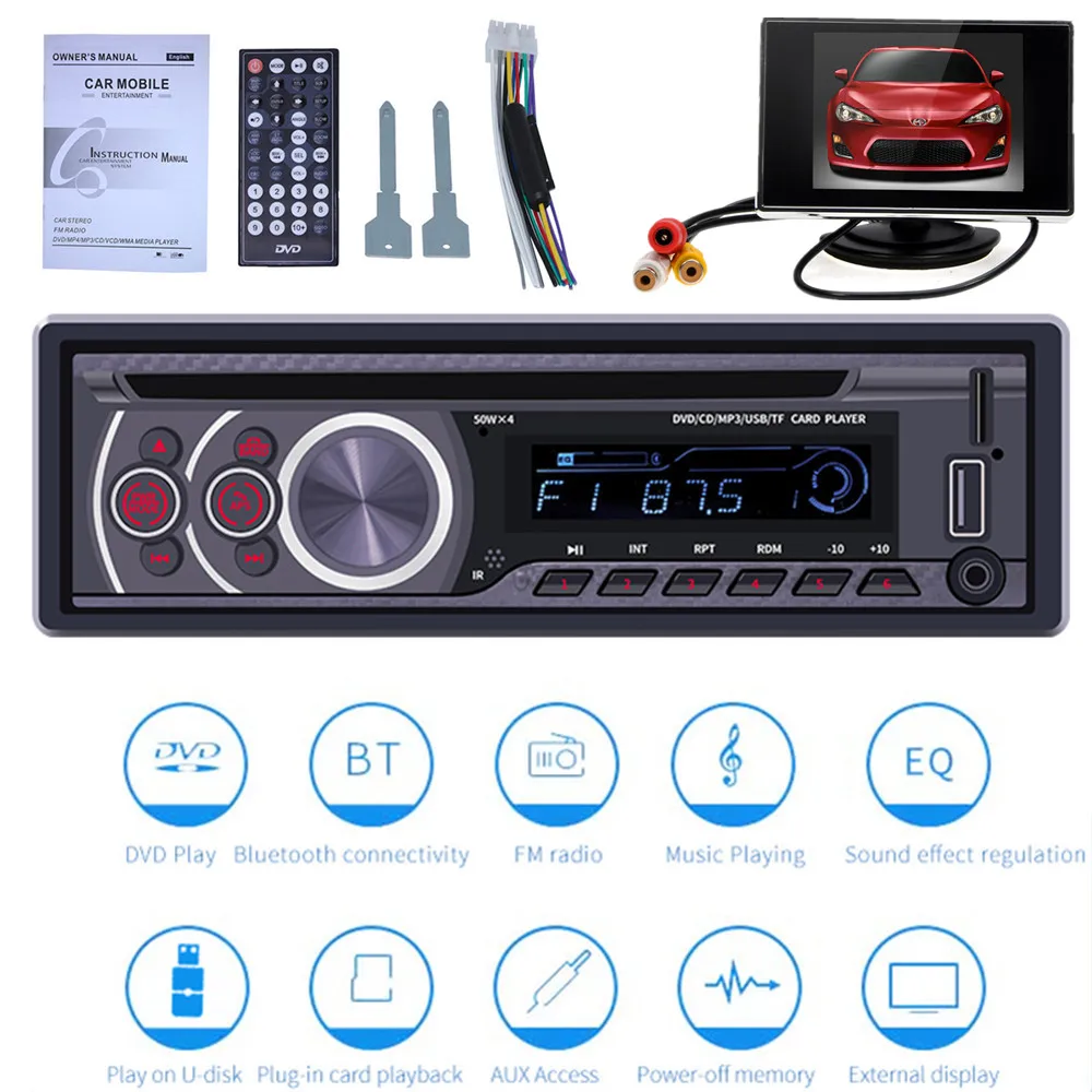 Автомобильный CD DVD VCD плеер + дисплей Bluetooth 4 0 Громкая связь FM радио видео выход