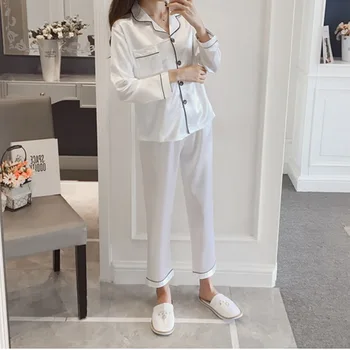 

2 Pieces Set Faux Silk Satin Pajamas Set Autumn Women Sleepwear Long Sleeve Pajamas for women Ladies Nightwear Pyjamas