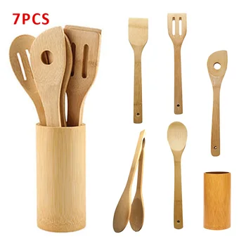 

7Pcs Bamboo Spoons Sets Wooden Spatula Spoons Tools Kitchen Cooking Utensil Tool Holder Sets