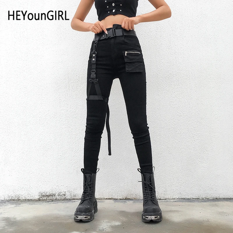 HEYounGIRL Высокая талия узкие черные джинсы Для женщин Harajuku в стиле панк Джинсовые штаны с ног Пояс с кольцом с завышенной талией джинсы уличной