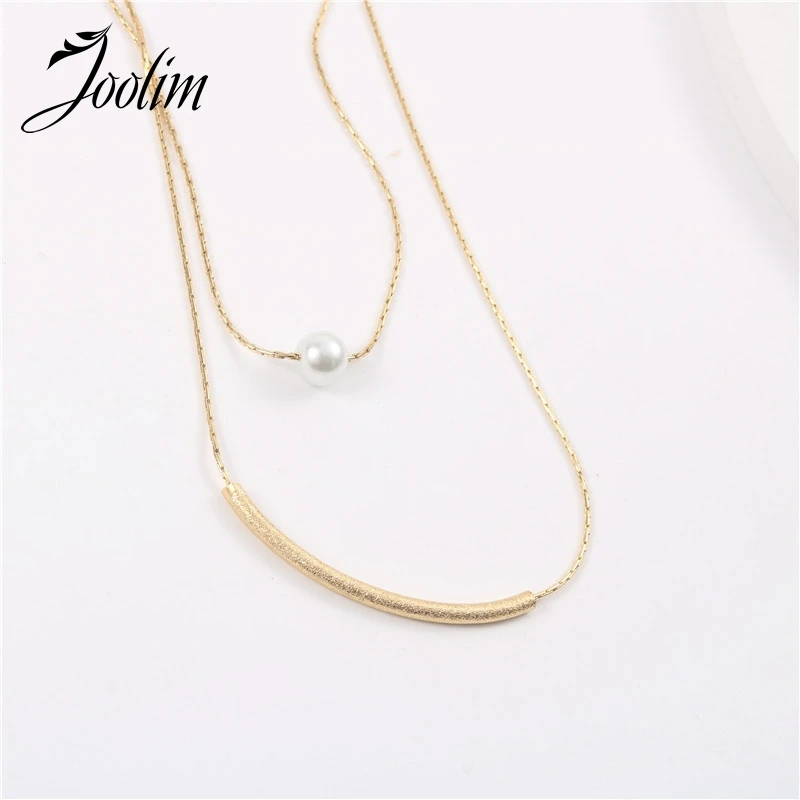 

Joolim Jewelry High End PVD Wholesale Waterproof Double-deck Fold Wear Pearl Pendant Stylish Stainless Steel Necklace