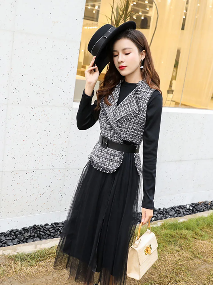 

Photo Shoot New Style 2019 New Style Hong Kong Flavor Elegant CHIC Waistcoat Two-piece Dress Spring And Autumn Long Sleeve Jerse