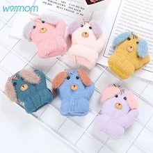 Warmom для маленьких мальчиков и девочек 0-3 лет, плюшевые перчатки с мультипликационным принтом собаки, Детские утепленные двойные бархатные милые вязаные варежки с прорезями для пальцев