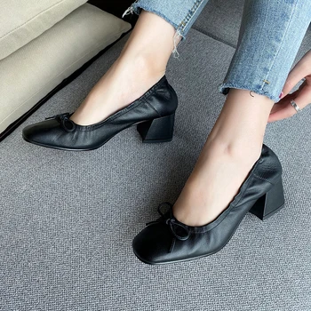 

Beige Colors Women Cow Leather Pointed Toe Party Wedding Casual Pumps Thick Heel Shallow New Shoes Woman