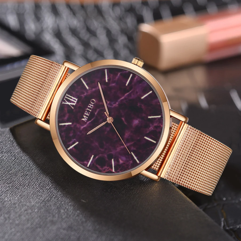 MEIBO брендовые модные креативные мраморные наручные часы из розового золота, повседневные женские кварцевые часы со стальным сетчатым ремешком, Relogio Feminino