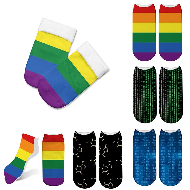 

Fashion Rainbow 3D Print Socks Women & Man Unisex Cotton Ankle Socks Classic Stripe Code Casual Socks Fashion Female Retro Socks