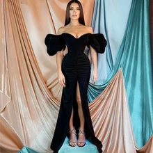 

Boho Black Lace Evening Dresses Boat Neck Mermaid Floor-Length Sweep TrainMono De Fiesta Robe De Soiree