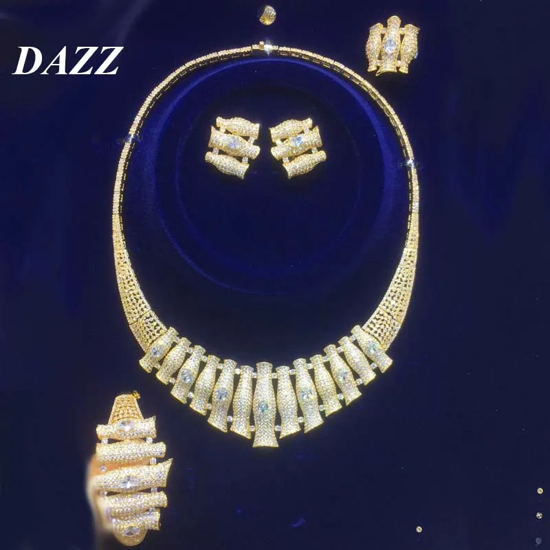 Dazz роскошный трехцветный геометрический креативный ювелирный набор 5A Циркон Свадебная вечеринка Дубай ожерелье серьги, кольцо, браслет аксессуары подарок