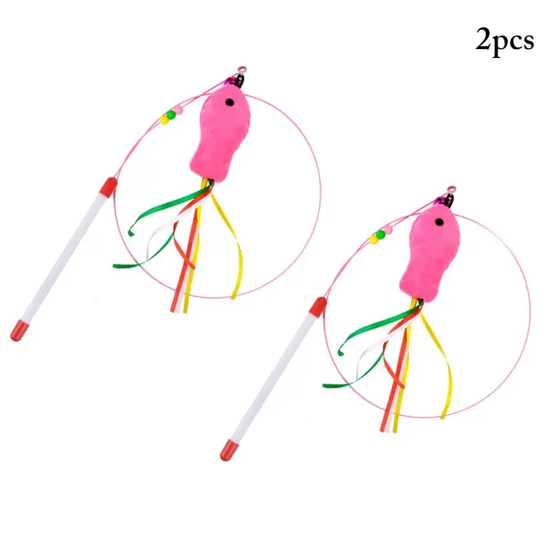 

Multicolor Cat Interactive Toy Cat Bell Toy Artificial Fur Fish Rope Cat Toy Cat Teaser Stick Steel Wire Bell Plush Cat Wand Toy