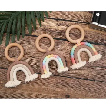 

Baby Teething Ring Rainbow Tassel Macrame Wooden Boho Baby Teether Stroller Gift Decoration Toys Shower Gift