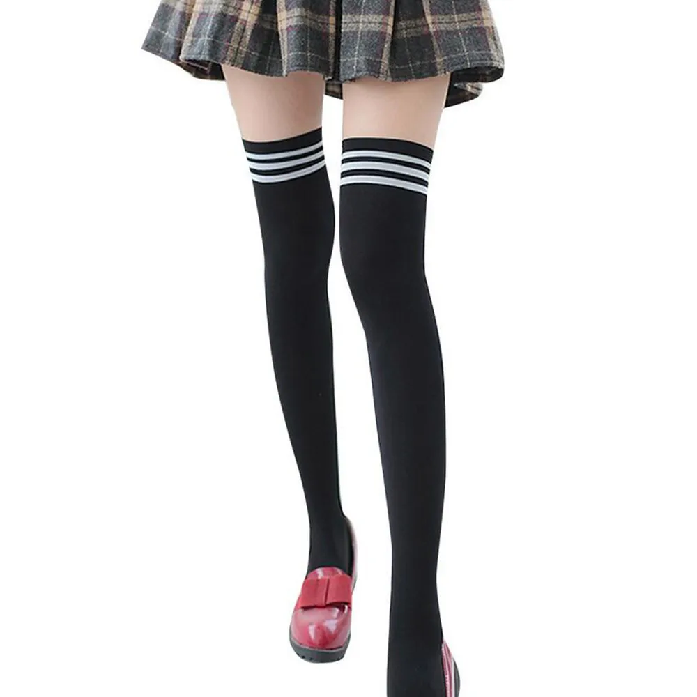 Сексуальные Модные Полосатые Гольфы Medias женские хлопковые чулки выше колена для девушек г. Теплые длинные чулки - Color: Black