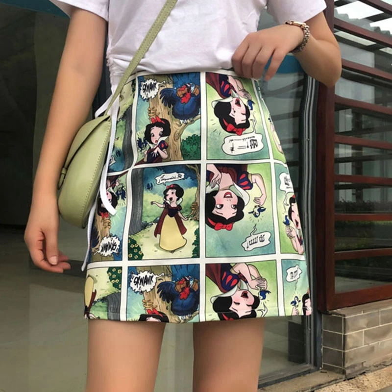 En venta Blanco de nieve de dibujos animados impreso 90s verano Mini alta Falda de tubo con corte en la cintura playa Warp funda faldas vestido coreano Chic Slim chica INS caliente ezYoMDblDwl