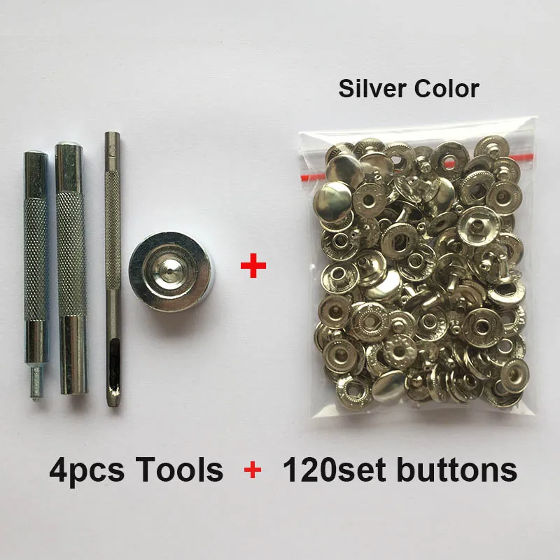 120 набор металлические кнопки 5 цветов+ 4 инструмента металлические шпильки для шитья кожевенного ремесла сумки для одежды ремень - Цвет: 4tools 120set silver