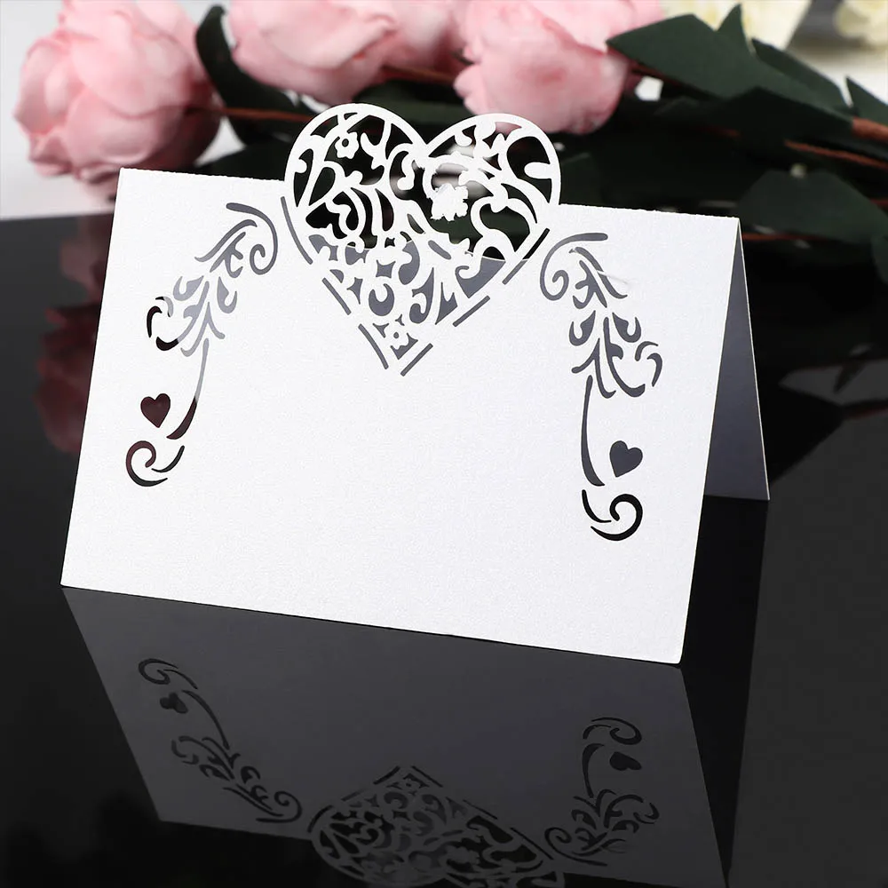 Wedding Name Cards for Wedding Party Table Decoration Wedding Decor Wine Glass Flower Decoupage 50pcs Laser Cut Hollow Heart Shape Place Cards Pink Wedding Event Party Decoration Favor