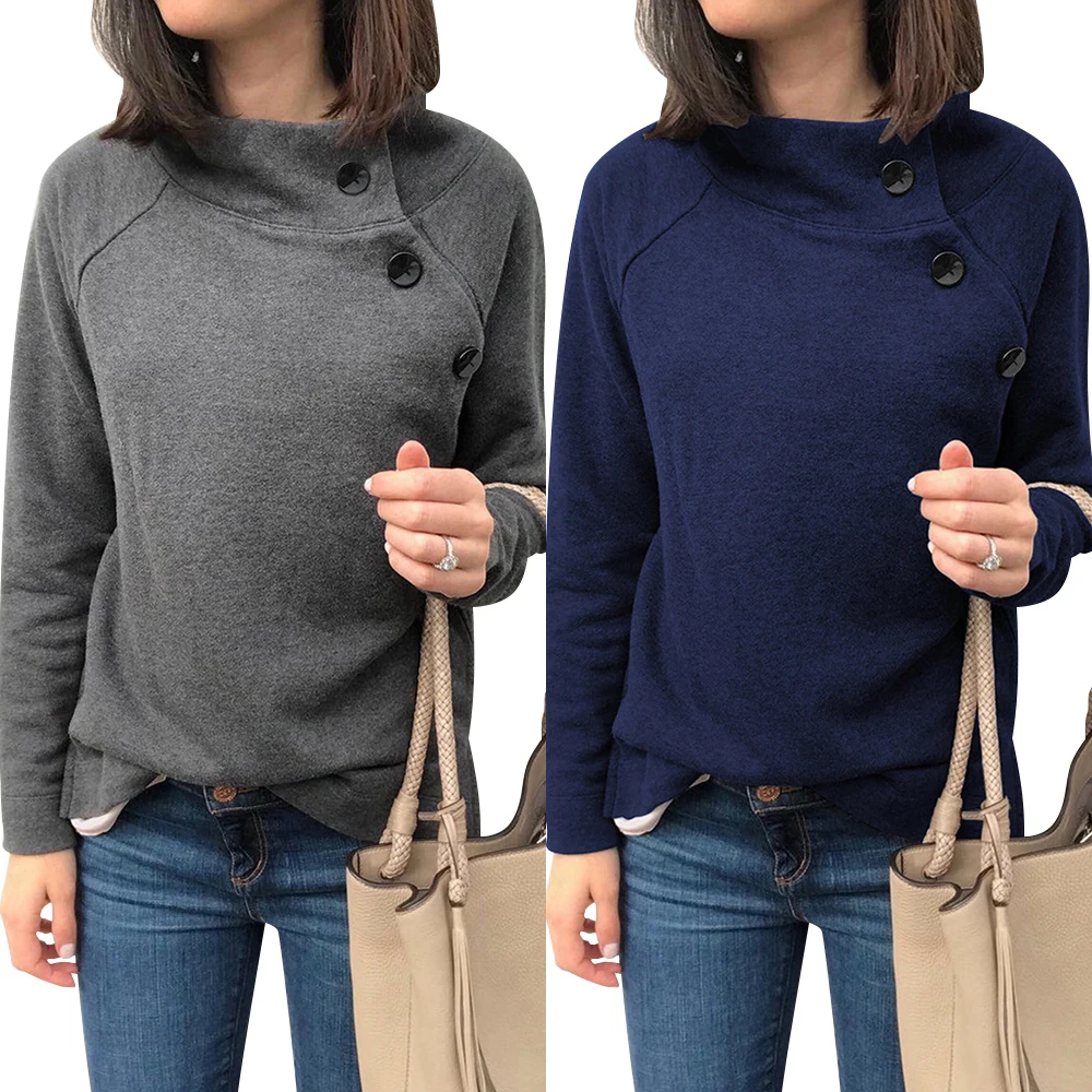 

Women's High Collar Pullovers Autumn Minimalist Pullovers Casual Gray Button Solid Tops Navy Blue For Vacation Workplace D30