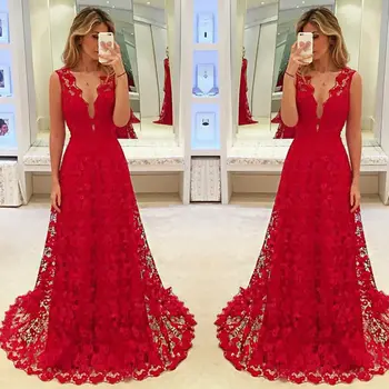 

Elegant Women Deep V-neck Sleeveless Floral Lace Hollow Out Long Maxi Dress Evening Formal Party Prom Ball Gown Red Vestido