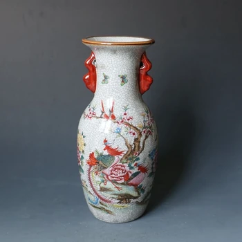

Pastel Crackle Porcelain Phoenix Picture Peony Flower Rich Vase Success Wealth High-end Gift Home Office Decoration