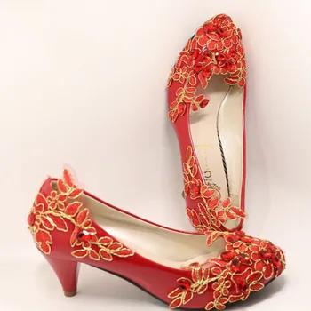 

Bride shoes rhinestone cheongsam red shoes with wedding shoes flat-bottomed low-heeled shoes pregnant women thick-heeled