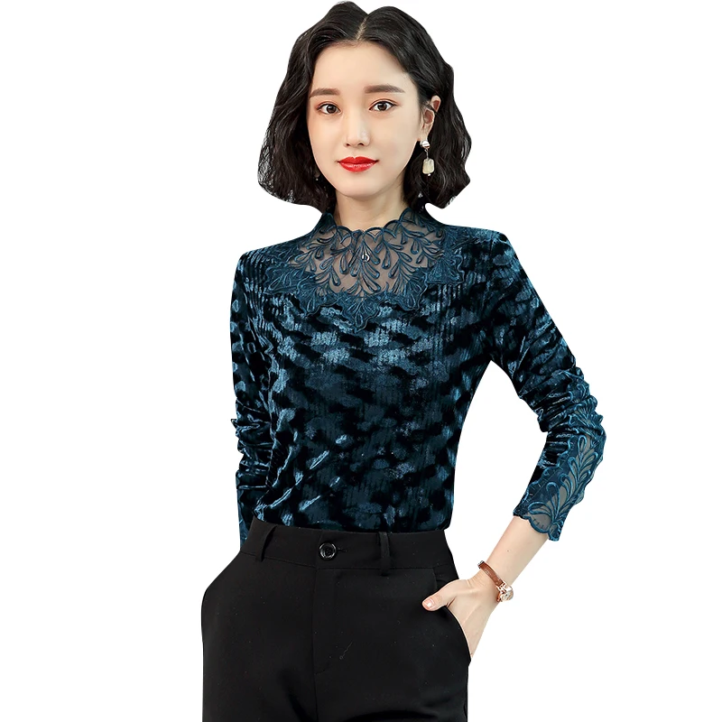 Fashion Sexy Shirts Women Long Sleeves Shirt Vintage Ladies Winter  Autumn Blouse Lace Womens Blouses Blu Classic Tops