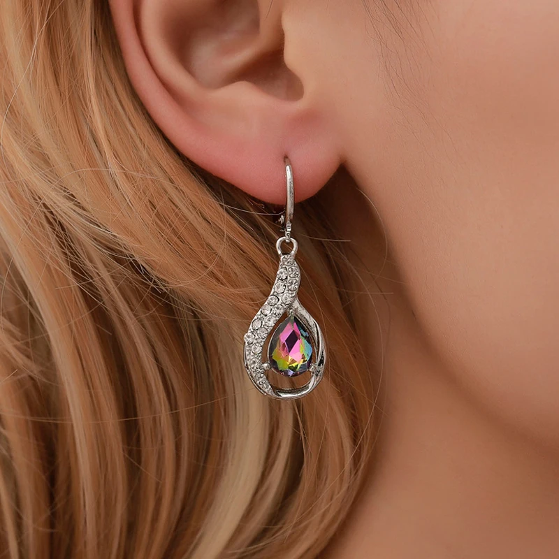 

Vintage Women Stud Ear Drops Color Crystal Pendant Geometric Drop Silver Earring Set Classic Dance Party Jewelry Accessories
