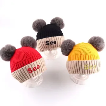 

Children Winter Infant Newborn Kids Baby Wool Knitted Hat Cap Beanie With Two Double Pom Pom Beanie For 1-3Years Boys Girl