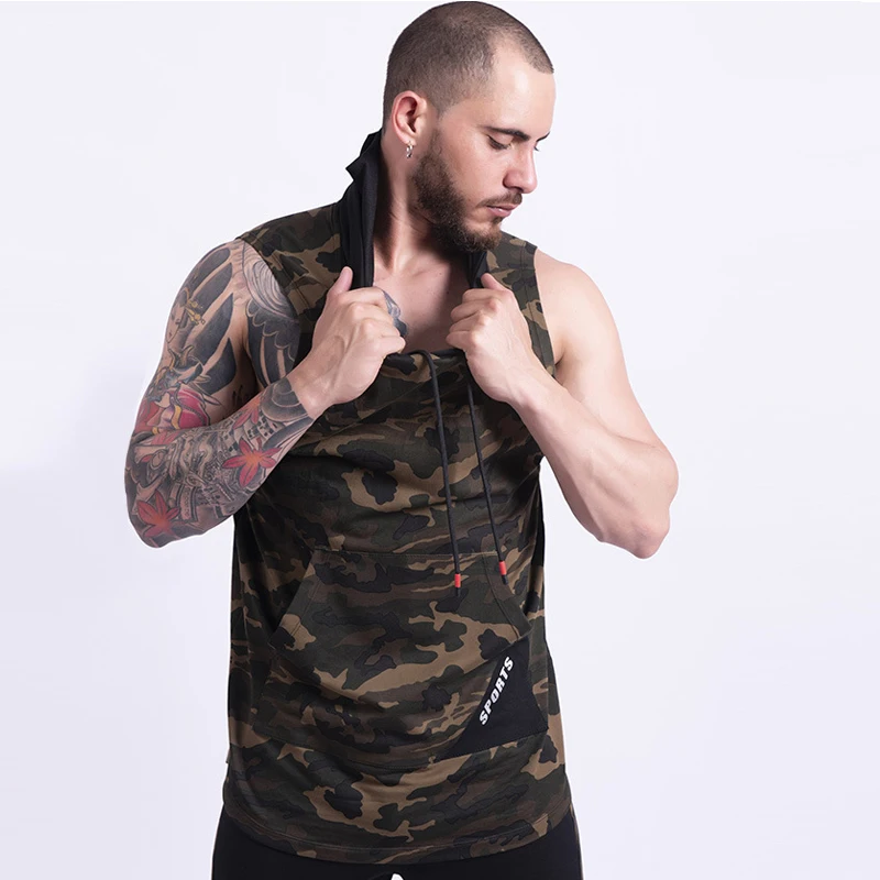 camouflage Камуфляжная майка для спортзала, Мужская футболка без рукавов с капюшоном, Homme худи для бодибилдинга, одежда для фитнеса - Цвет: camouflage
