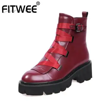 

FITWEE Punk Ankle Boots Women Genuine Leather Platform Shoes Women Autumn Winter Buckle Zipper Flats Short Boots Size 34-42