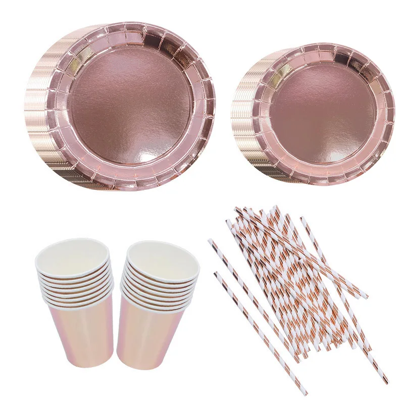 Rose Gold Paper Cups Plates Straws Tableware Birthday Party Tableware Kids Baby Shower  Wedding Decorations Table Decor For Home
