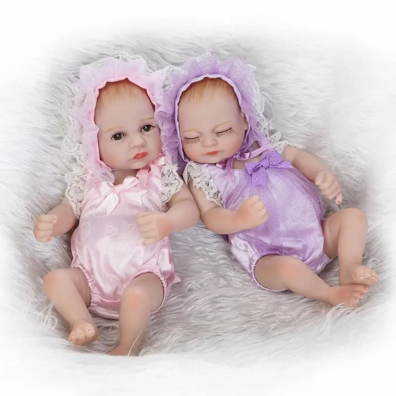 

26cm Twin babies Reborn Baby Dolls Girl with Smooth pink/purple clothes Look Real beautiful soft Silicone reborn Toy kids gift