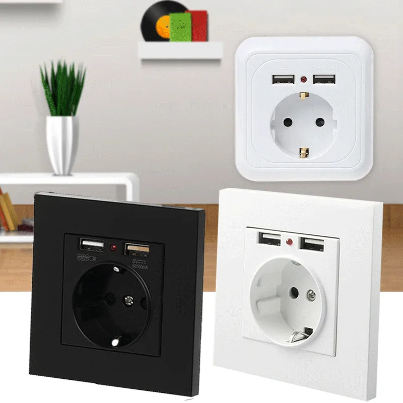 

16A Wall Socket Power Outlet With Dual USB Ports LED Light White Panel EU Plug