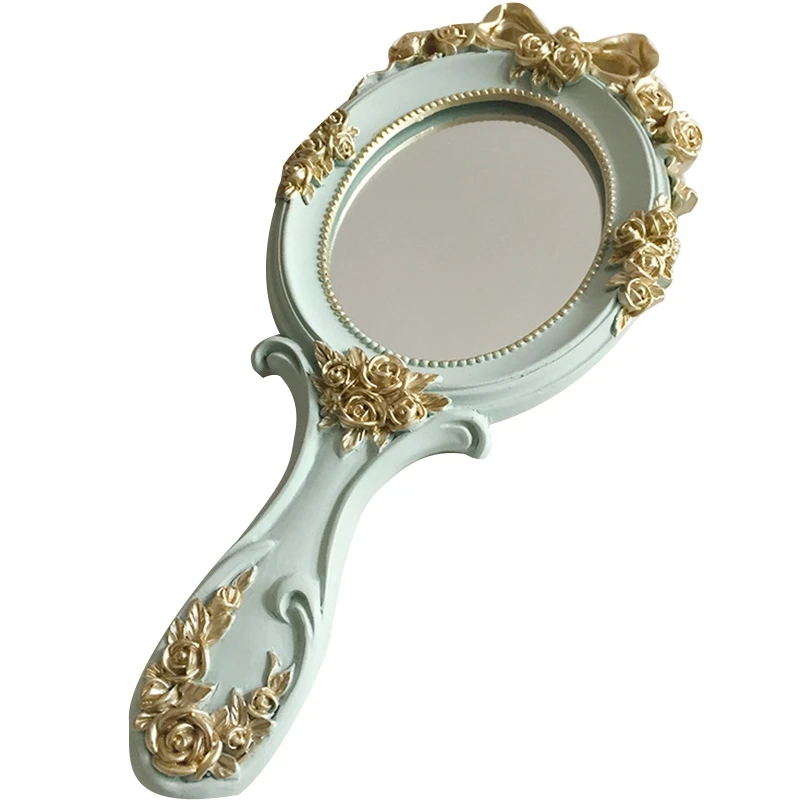 

1Pcs Blue Cute Creative Wooden Vintage Hand Mirrors Makeup Vanity Mirror Rectangle Hand Hold Cosmetic Mirror With Handle For Gif