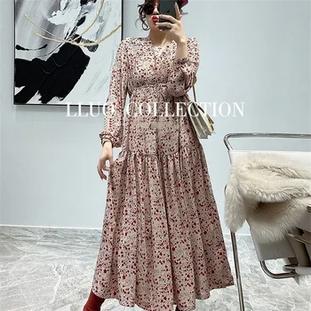 

Women Chiffon Dress 2020 Spring And Winter Empire Waist A-Line Vintage V-Line Print Floral Female Dresses
